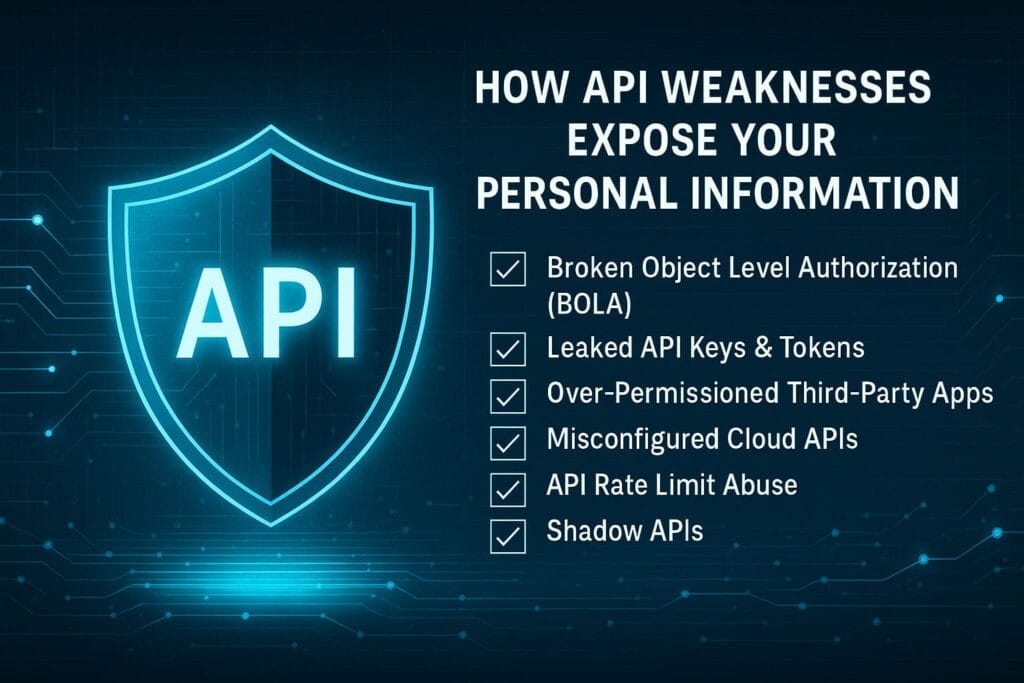 Cybersecurity illustration showing API vulnerabilities like BOLA, leaked API keys, third-party permissions, misconfigured cloud APIs, and rate-limit abuse
