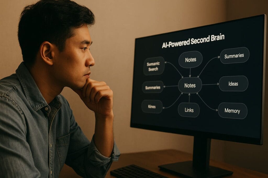 A realistic scene of a young man organizing digital notes and setting up an AI-powered Second Brain system, representing the step-by-step process of building a personal knowledge graph.