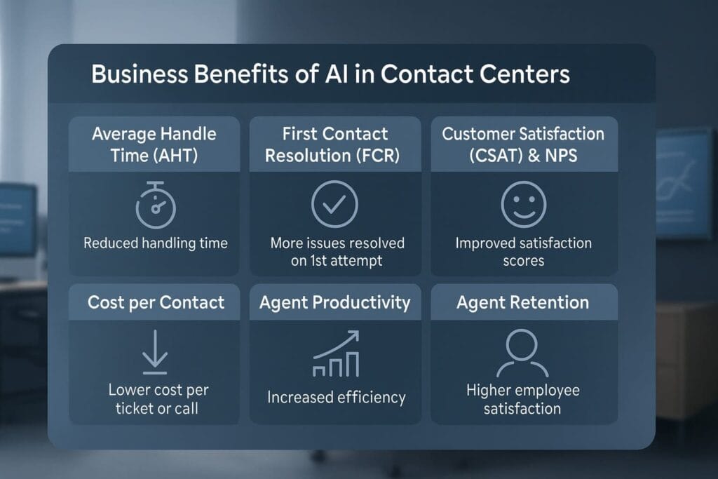 A realistic infographic showing key business benefits of AI in contact centers, including reduced handling time, higher first contact resolution, improved satisfaction scores, lower costs, increased productivity, and better agent retention.