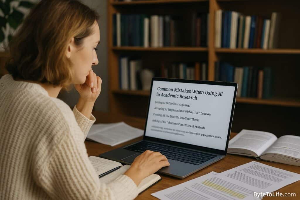 A student reviewing AI-generated research notes on a laptop while a holographic AI assistant appears beside her, highlighting common mistakes in academic research.