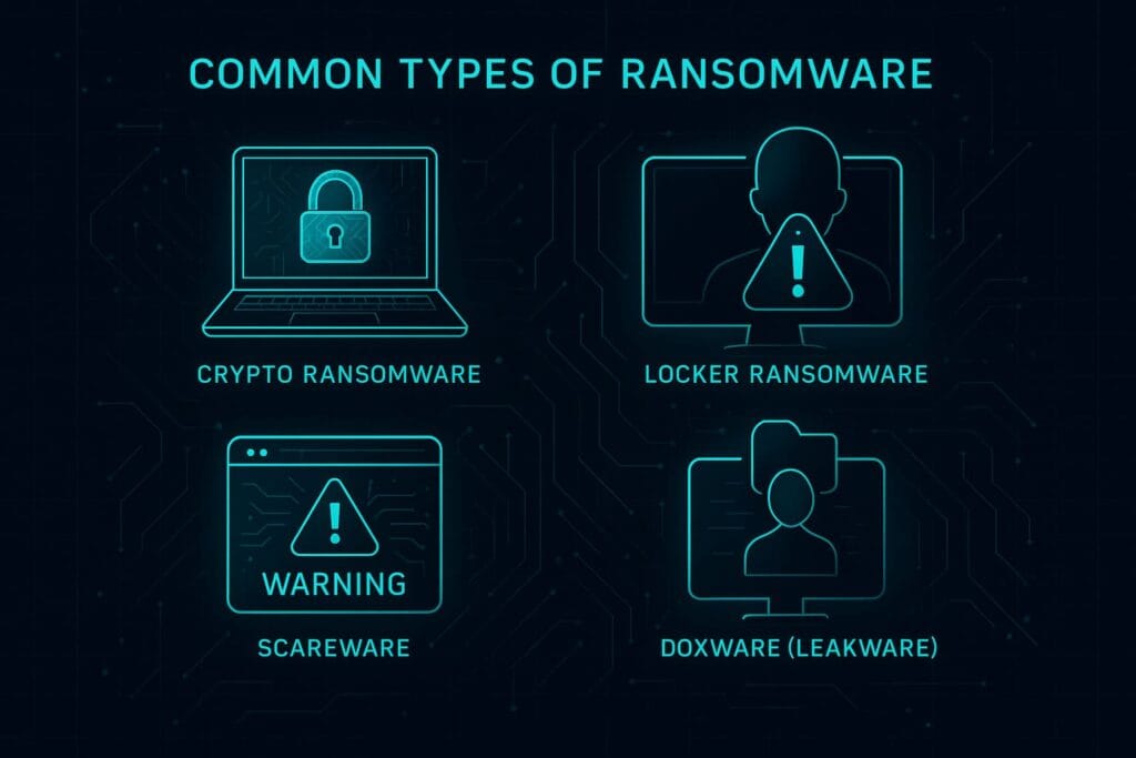 High-tech cybersecurity illustration showing four types of ransomware: crypto ransomware, locker ransomware, scareware, and doxware, displayed with neon digital icons.