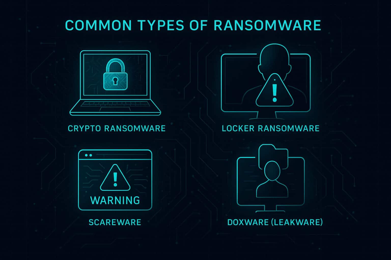 High-tech cybersecurity illustration showing four types of ransomware: crypto ransomware, locker ransomware, scareware, and doxware, displayed with neon digital icons.