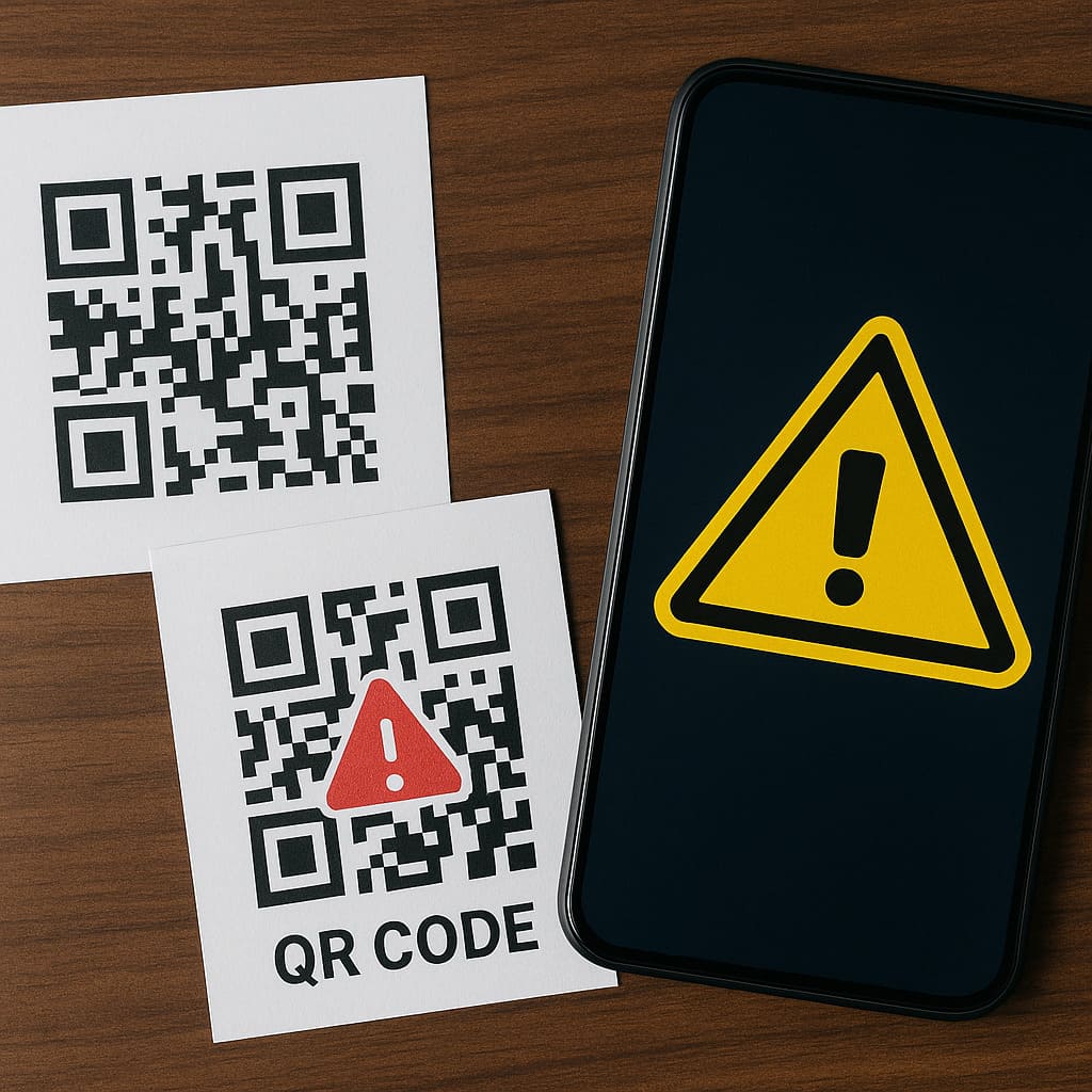 A smartphone displaying a warning symbol next to QR codes, illustrating cybersecurity risks and the danger of malicious QR codes used in attacks.