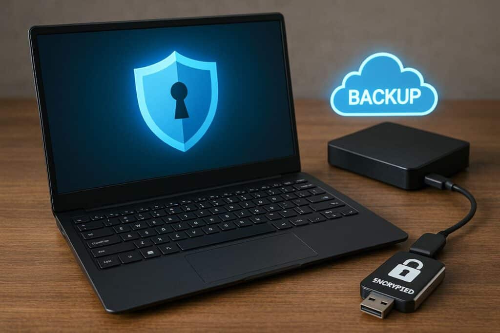 A realistic cybersecurity setup showing a laptop with a digital shield icon, an external hard drive for backups, and an encrypted USB drive on a wooden desk.