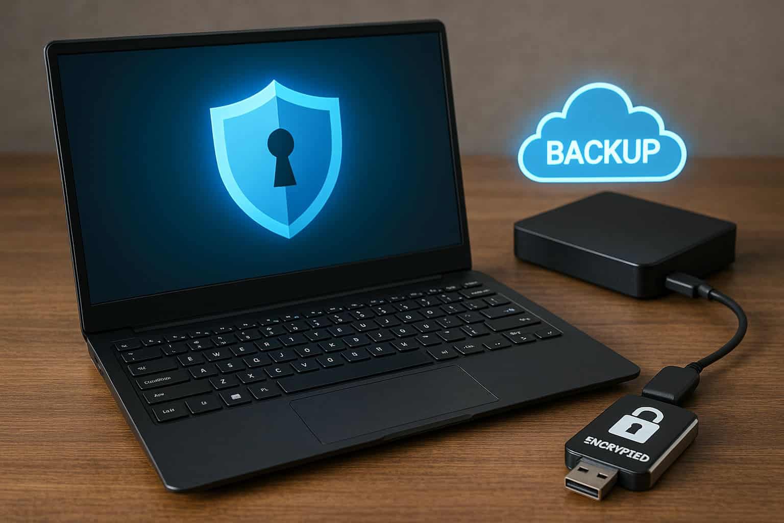 A realistic cybersecurity setup showing a laptop with a digital shield icon, an external hard drive for backups, and an encrypted USB drive on a wooden desk.
