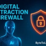 AI futuristic illustration showing a digital distraction firewall with a glowing shield icon and a focused humanoid figure, symbolizing deep work and protected focus.