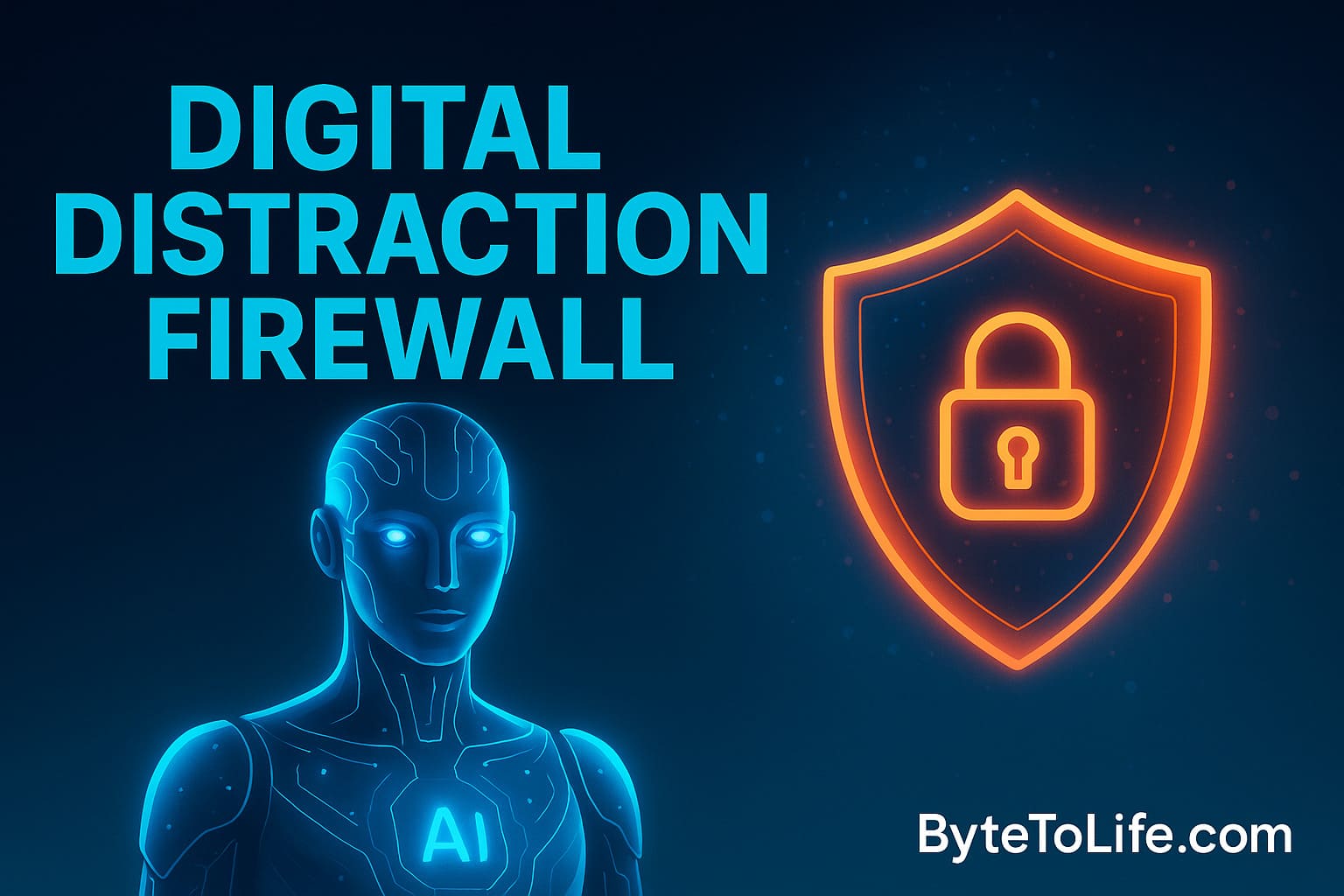 AI futuristic illustration showing a digital distraction firewall with a glowing shield icon and a focused humanoid figure, symbolizing deep work and protected focus.