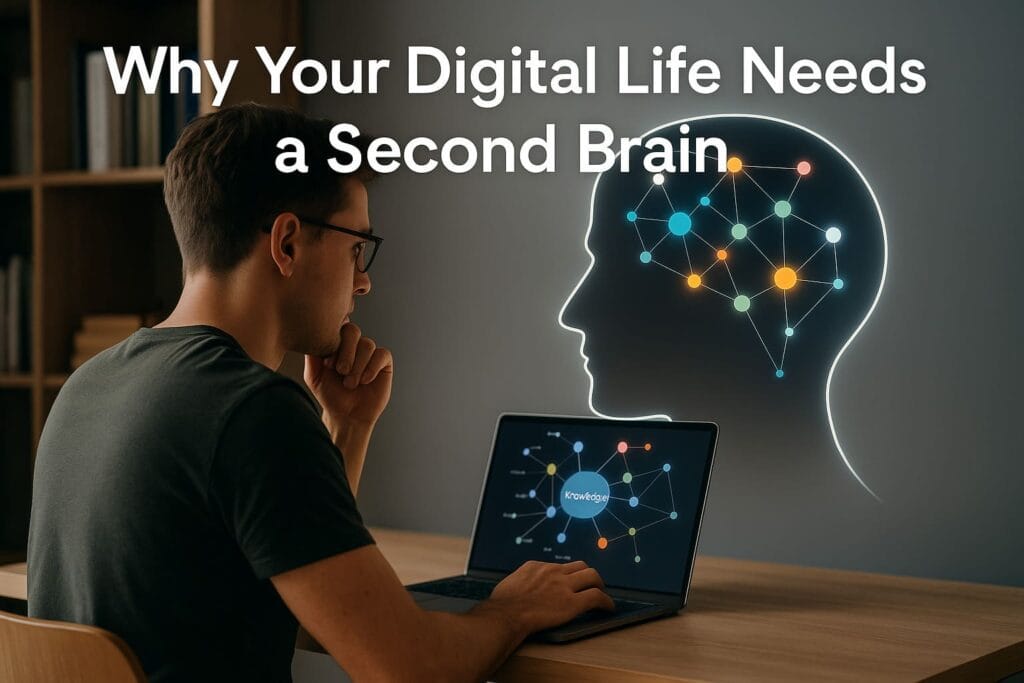 Realistic digital productivity scene showing a person overwhelmed by scattered notes, apps, and information overload, representing the need for an AI-powered Second Brain.