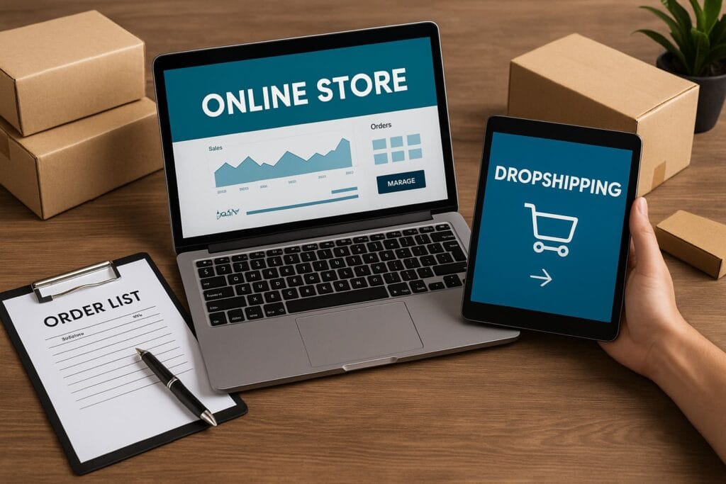 A realistic workspace showing a laptop with an online store dashboard, a tablet displaying dropshipping, and order list sheets, representing the dropshipping business model.