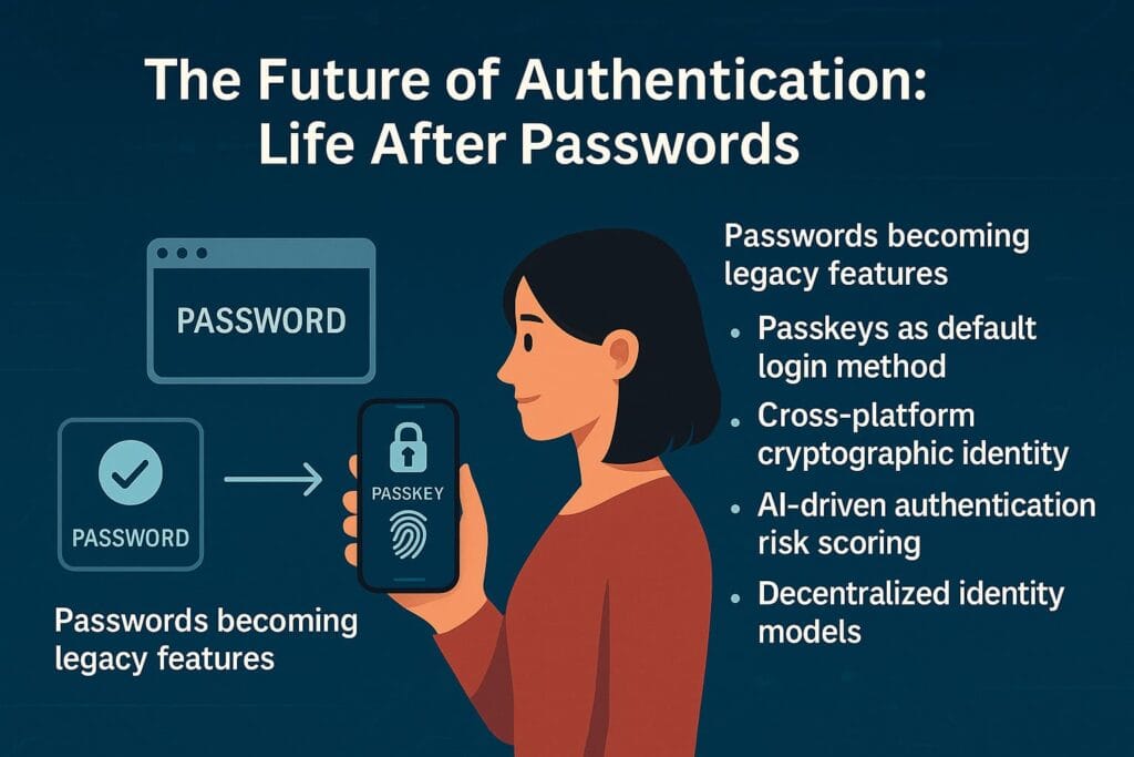 A digital illustration showing the future of authentication with passkeys replacing passwords, featuring a woman holding a smartphone with a passkey icon.