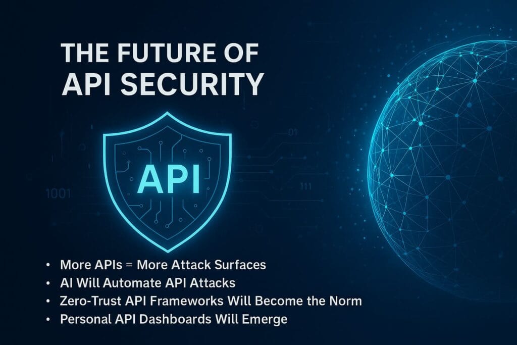 Futuristic cybersecurity illustration showing the future of API security with AI automation, expanding attack surfaces, zero-trust frameworks, and unified API permission dashboards