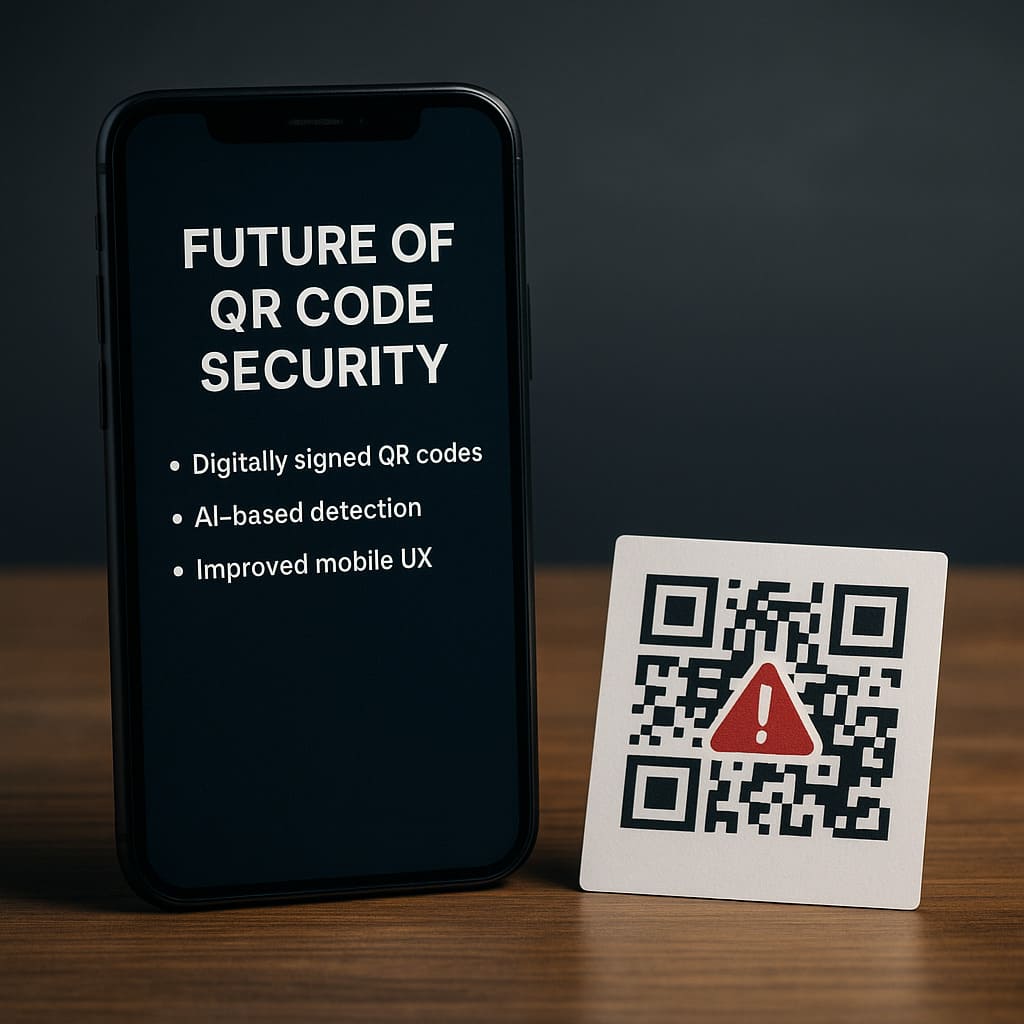 A smartphone displaying future QR code security concepts beside a QR code with a warning icon, illustrating advancements like signed QR codes, AI detection, and improved mobile security