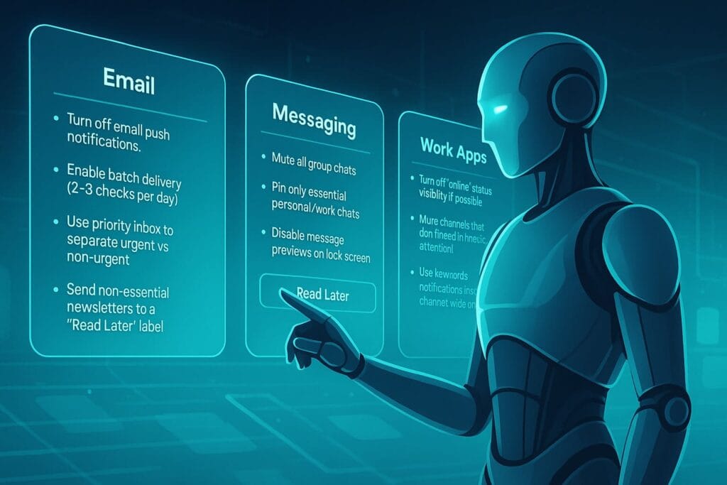 Futuristic AI figure managing holographic panels for email, messaging apps, and work tools to reduce internal digital interruptions and support focused productivity.