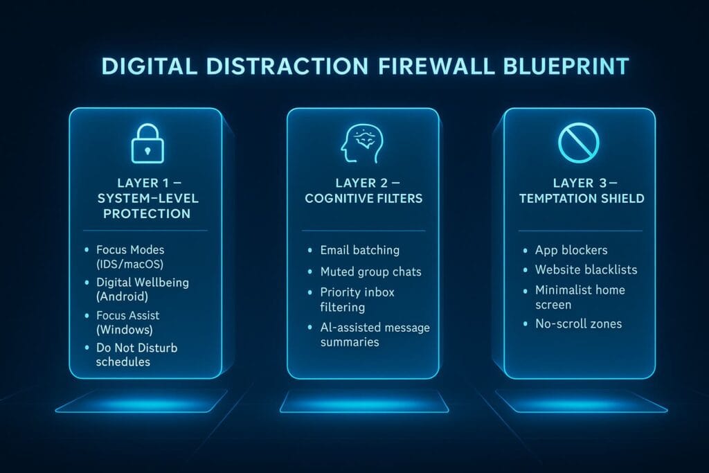 Futuristic AI illustration showing a digital distraction firewall blueprint with holographic layers for system-level protection, cognitive filters, and temptation blocking.