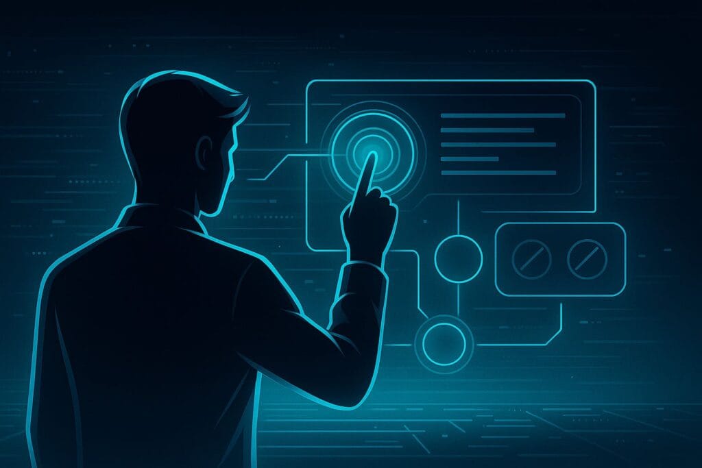 Futuristic AI silhouette interacting with a glowing digital interface that symbolizes how a distraction firewall supports human focus by aligning technology with attention patterns.