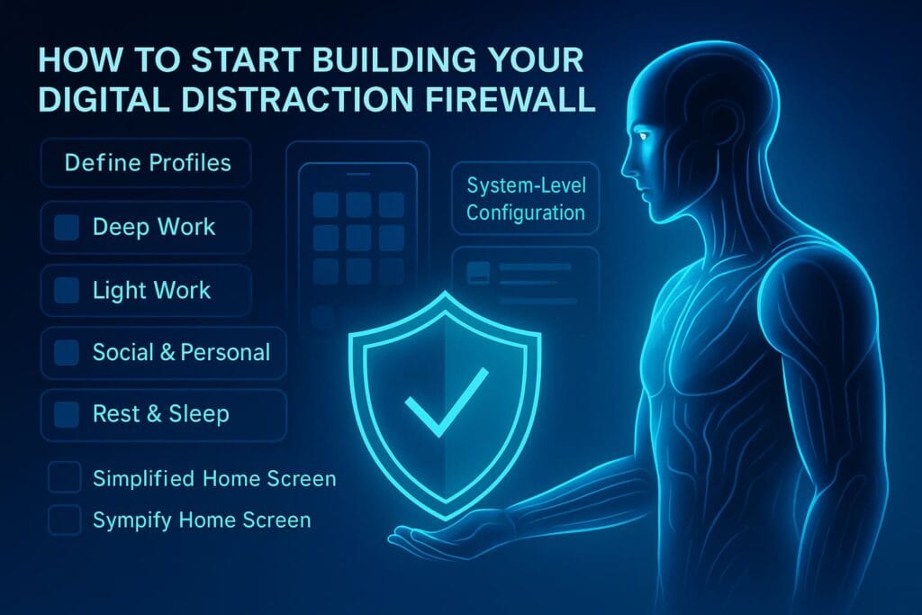 Futuristic AI holographic interface illustrating focus profiles, system-level settings, and a digital distraction firewall designed to enhance productivity and deep work.