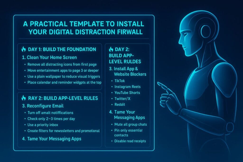 Futuristic AI illustration showing a three-day digital distraction firewall setup with holographic UI panels for cleaning home screens, configuring focus modes, and installing app and website blockers.