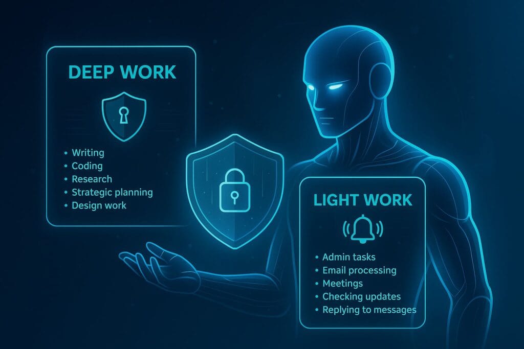 Futuristic AI illustration showing holographic Deep Work and Light Work modes, representing advanced focus architecture for digital productivity and distraction control.