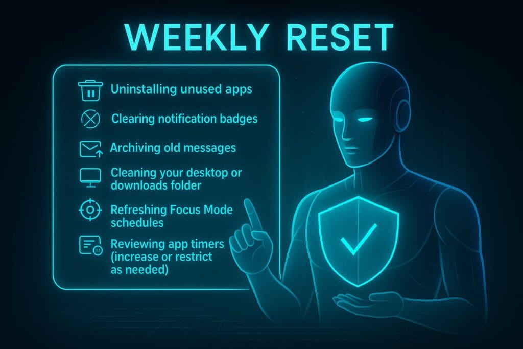 Futuristic AI illustration showing a digital weekly reset process with holographic icons for uninstalling apps, clearing notifications, archiving messages, and cleaning digital clutter.