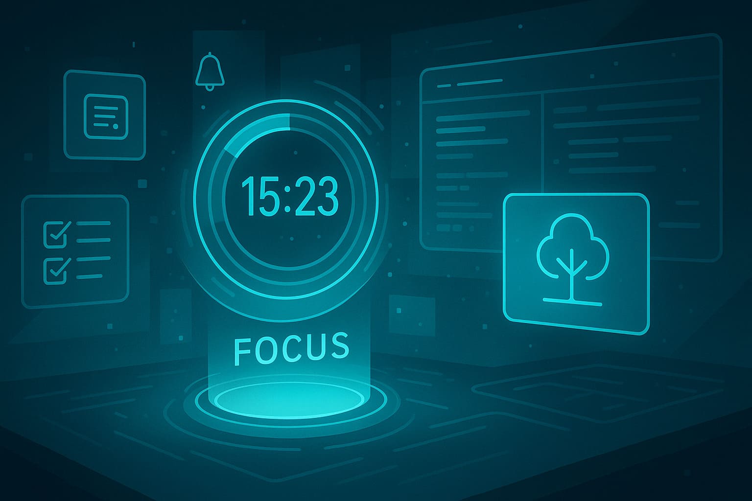 Futuristic high-tech holographic interface showing focus timer, checklist, and digital productivity icons in neon teal.
