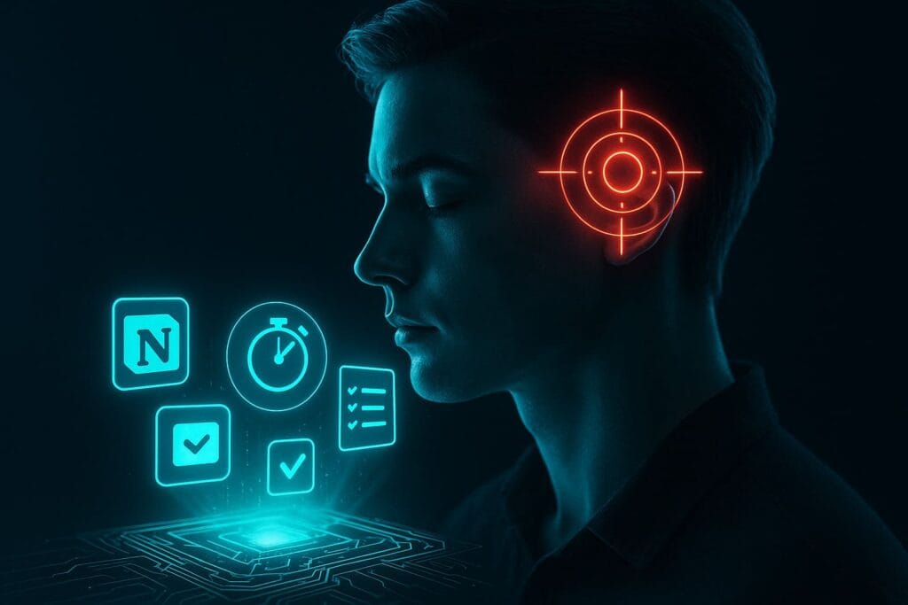 Futuristic high-tech digital illustration of a human profile with a glowing focus target and holographic productivity icons.