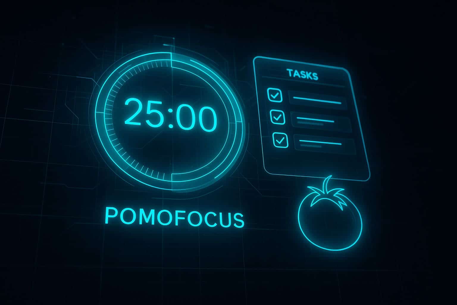 Futuristic holographic Pomodoro timer showing 25:00 with task checklist and tomato icon for digital productivity.