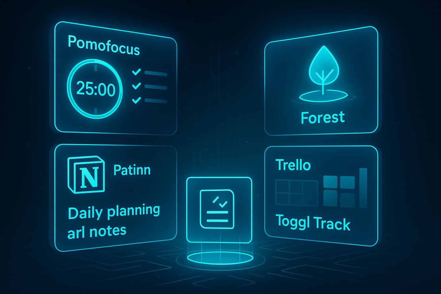 Futuristic holographic productivity stack showing Pomodoro timer, Notion planning, Forest focus tool, Trello board, and Toggl time-tracking icons in neon teal.