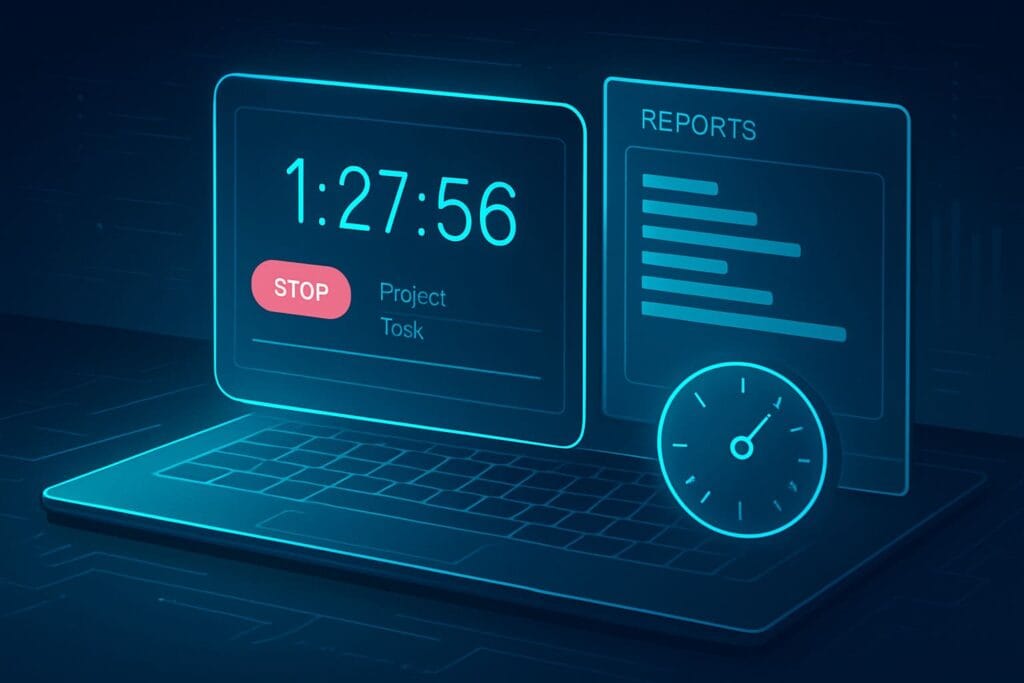 Futuristic holographic time-tracking dashboard with a glowing timer, digital reports, and neon teal productivity interface.