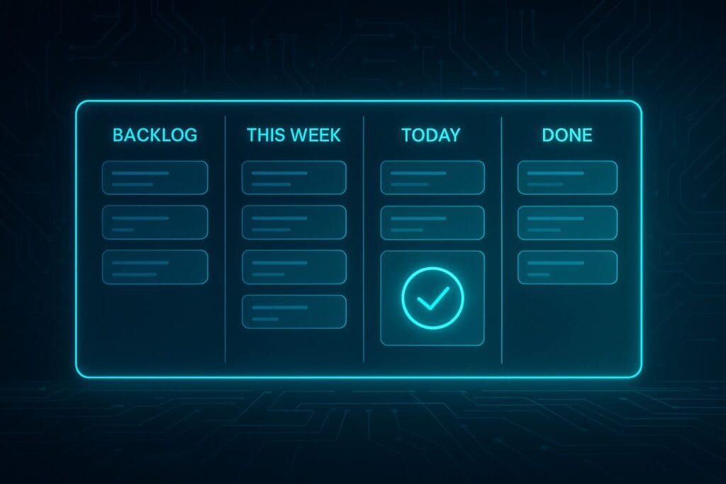 Futuristic holographic Kanban board with Backlog, This Week, Today, and Done columns in neon teal for digital productivity.