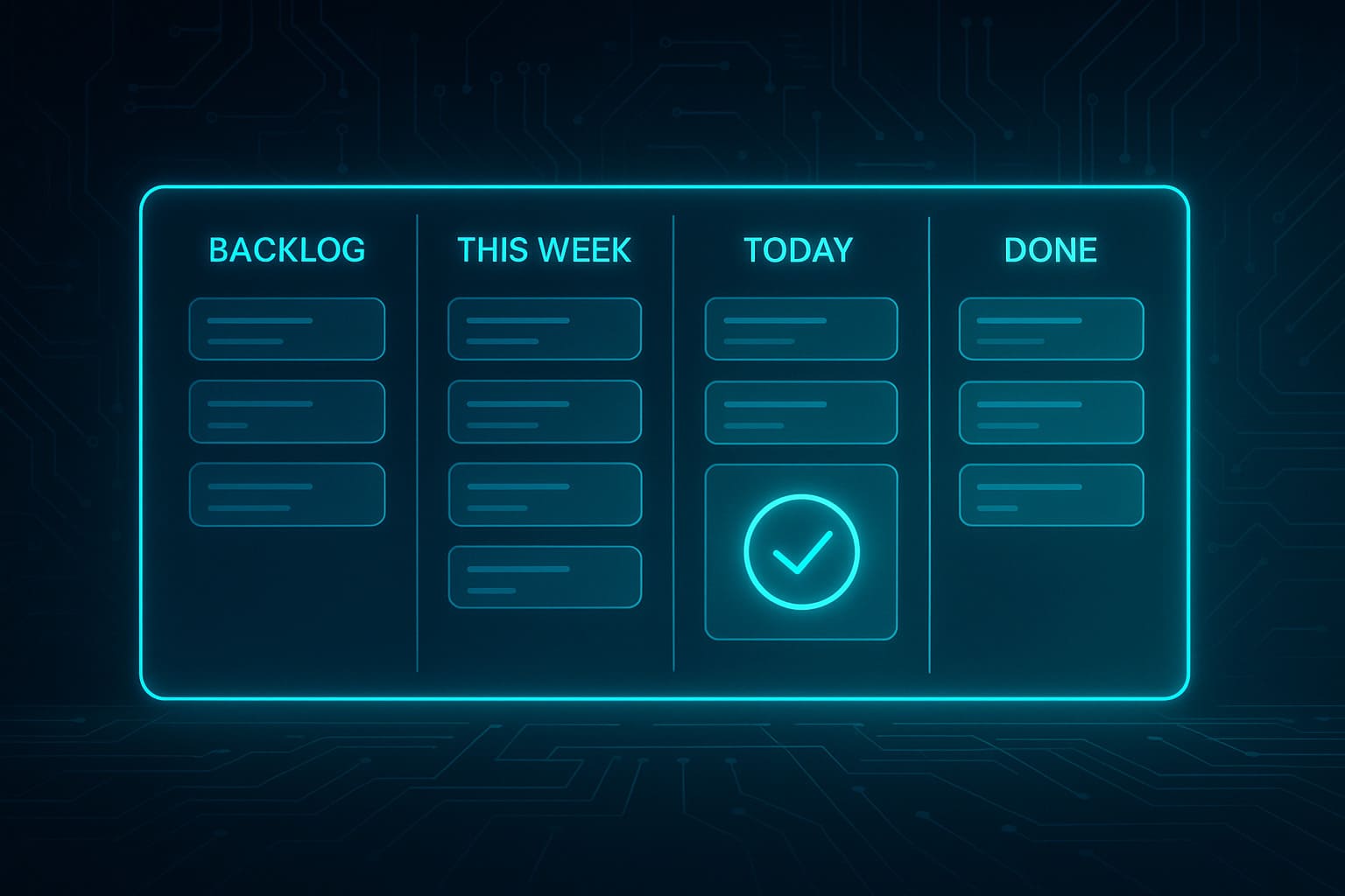 Futuristic holographic Kanban board with Backlog, This Week, Today, and Done columns in neon teal for digital productivity.