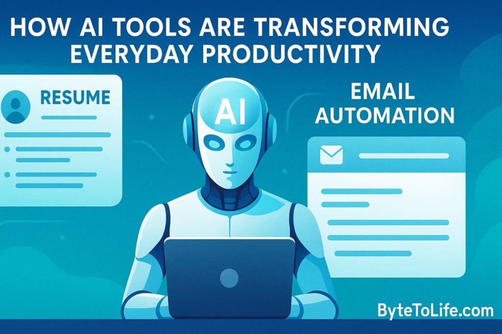AI robot using a laptop with digital resume and email automation icons, illustrating how AI tools improve everyday productivity.