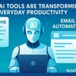 AI robot using a laptop with digital resume and email automation icons, illustrating how AI tools improve everyday productivity.