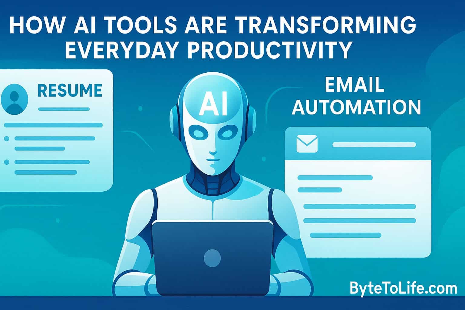 AI robot using a laptop with digital resume and email automation icons, illustrating how AI tools improve everyday productivity.