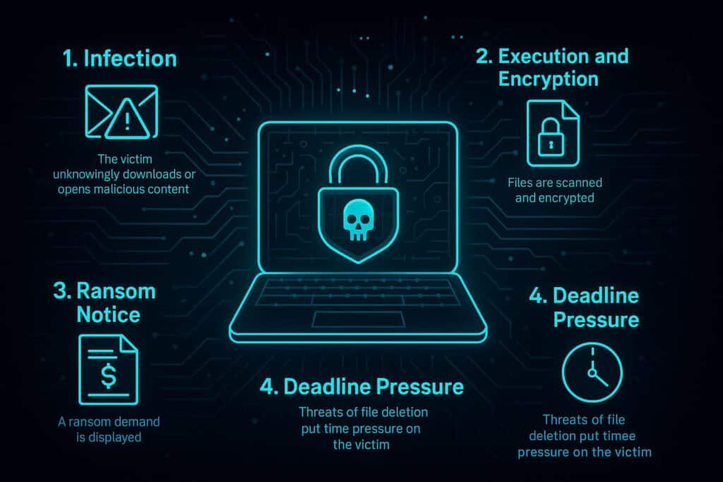 High-tech cybersecurity illustration showing the stages of a ransomware attack, including infection, encryption, ransom notice, and deadline pressure.