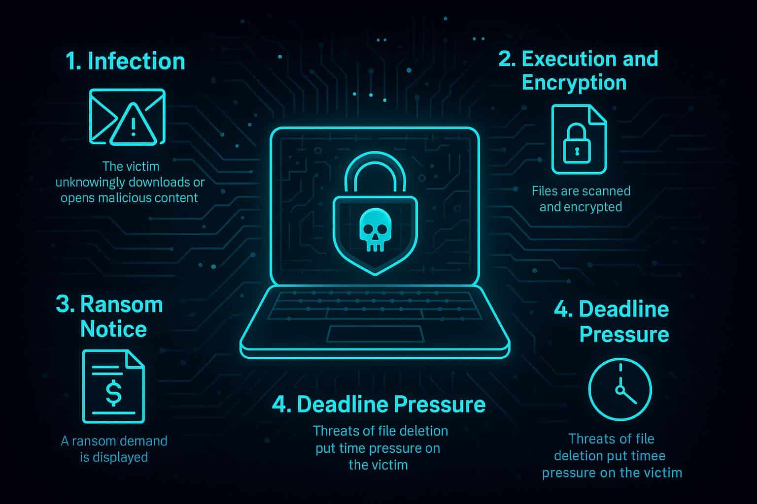 High-tech cybersecurity illustration showing the stages of a ransomware attack, including infection, encryption, ransom notice, and deadline pressure.