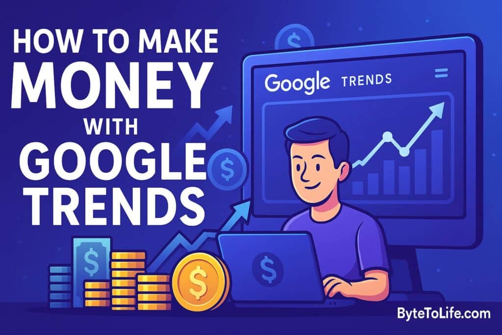 Illustration of a person analyzing Google Trends data with rising charts, coins, and income symbols representing how to make money using Google Trends.