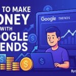 Illustration of a person analyzing Google Trends data with rising charts, coins, and income symbols representing how to make money using Google Trends.