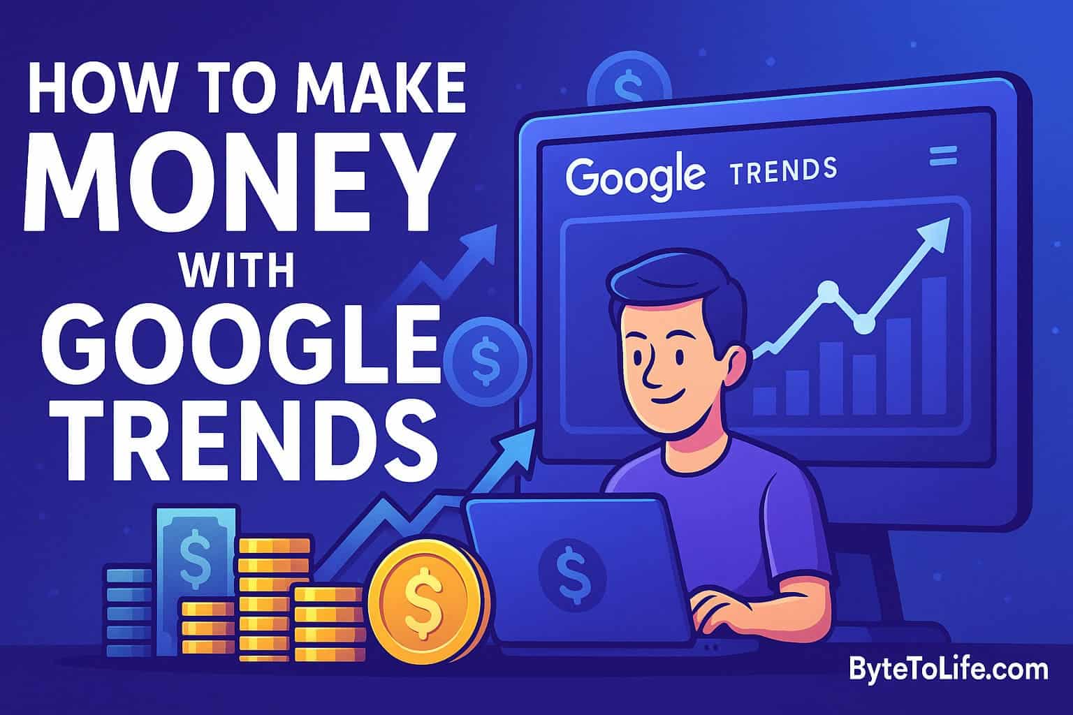 Illustration of a person analyzing Google Trends data with rising charts, coins, and income symbols representing how to make money using Google Trends.