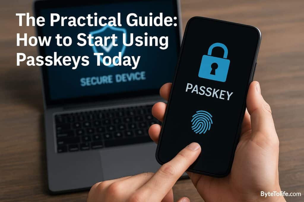 Illustration showing a person securing their device, enabling biometric authentication, and setting up cloud-synced passkeys for modern cybersecurity.