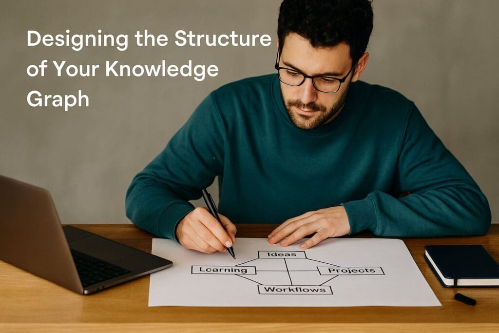 A realistic scene of a man analyzing a digital knowledge graph on a laptop, representing how AI auto-links ideas and builds a structured Second Brain for better productivity.