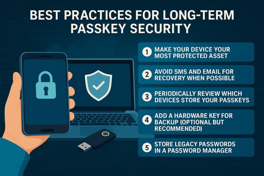 Illustration showing best practices for long-term passkey security, including device protection, biometric login, cloud sync, and hardware key backup.