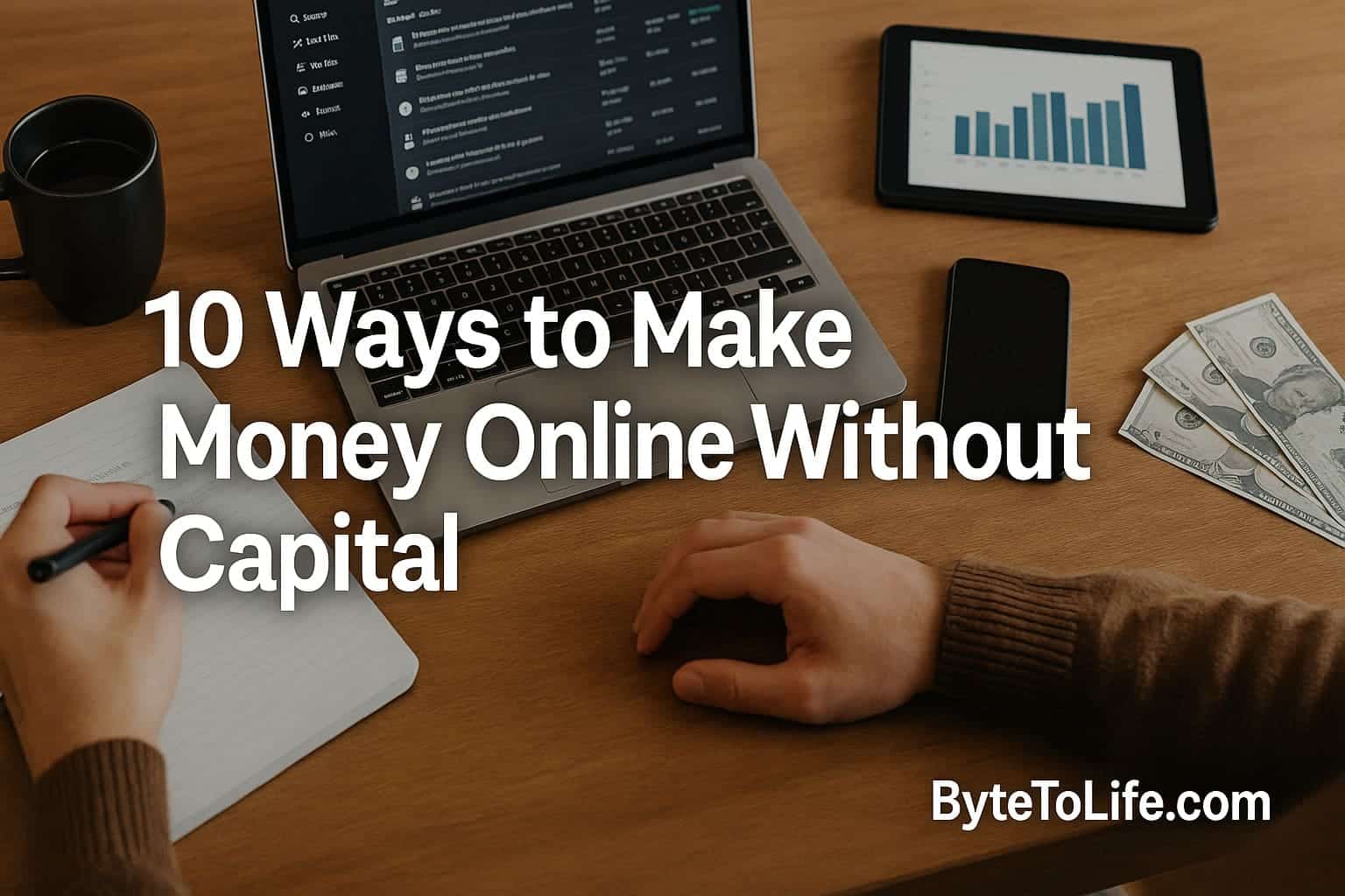 A person working on a laptop and smartphone while reviewing online income opportunities, representing ways to make money online without capital.