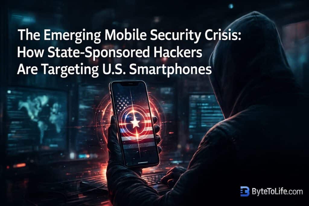 Dark and dramatic cybersecurity scene showing a hacker targeting a U.S. smartphone with warning icons, symbolizing state-sponsored mobile security threats.