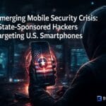 Dark and dramatic cybersecurity scene showing a hacker targeting a U.S. smartphone with warning icons, symbolizing state-sponsored mobile security threats.
