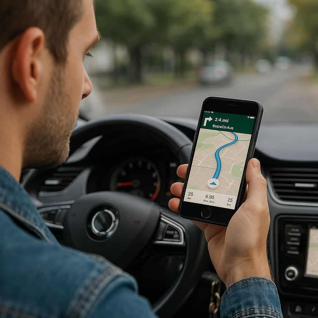 Driver checking a navigation app with an AI-optimized route on a smartphone while driving.