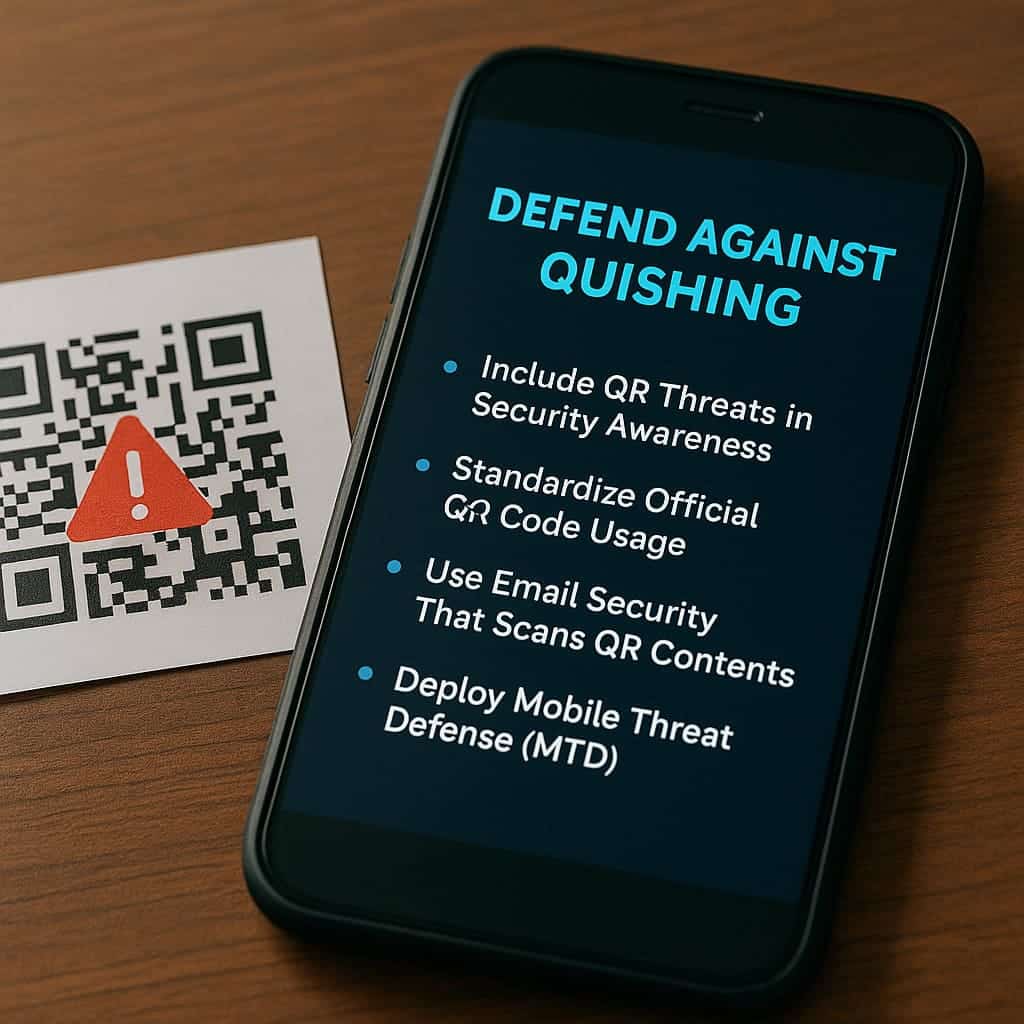 A smartphone displaying organizational cybersecurity practices next to a QR code with a warning symbol, illustrating how companies can defend against quishing attacks.