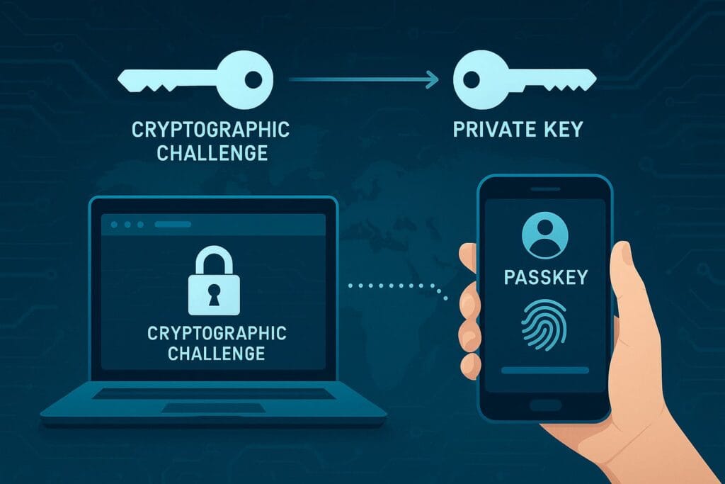 Illustration of passkey authentication using public and private keys on laptop and smartphone.