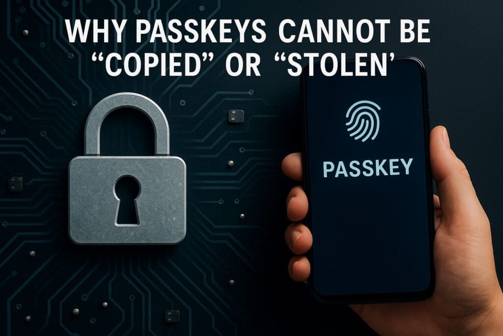 A realistic image showing a smartphone with biometric passkey authentication protected by hardware security, symbolizing that passkeys cannot be copied or stolen.
