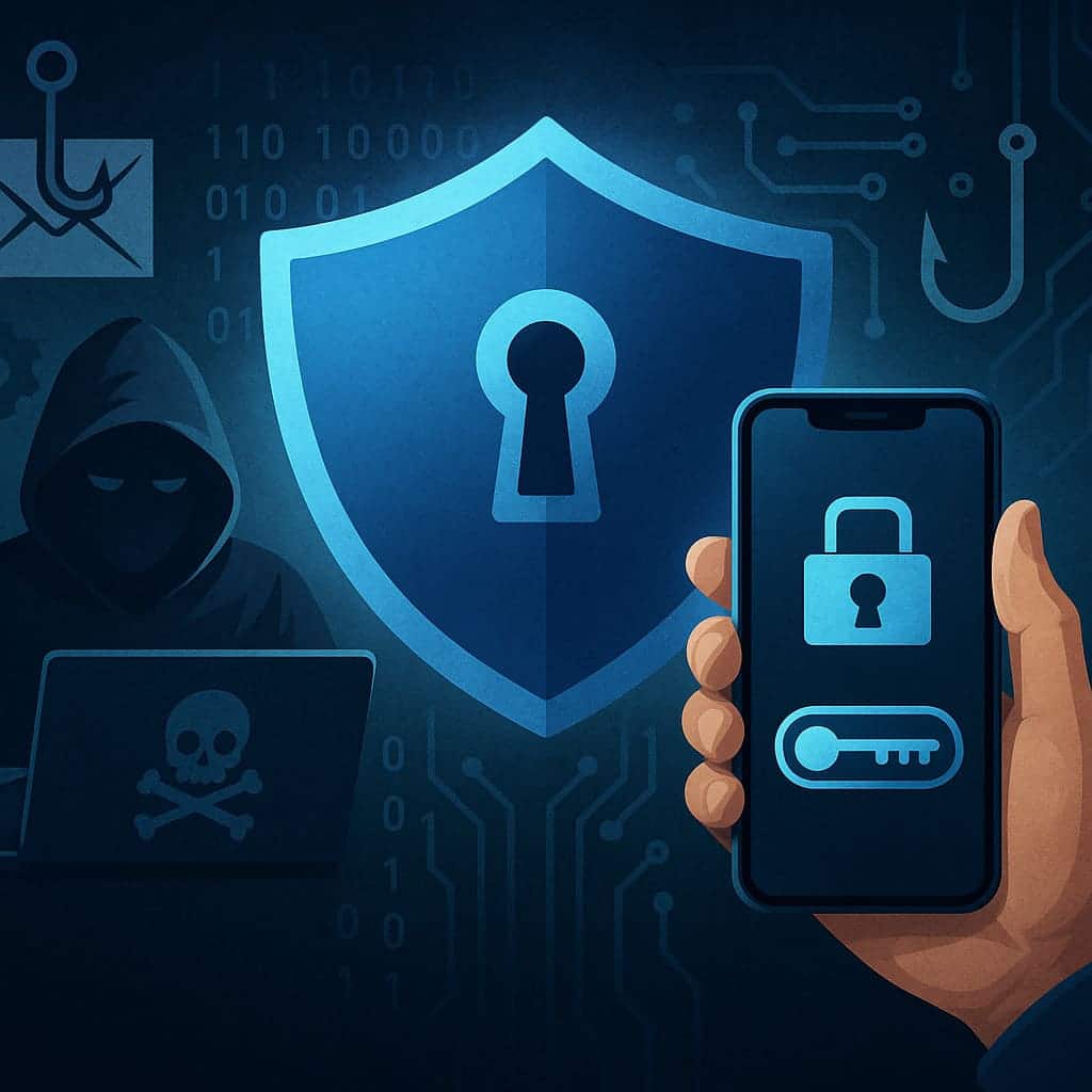 Cybersecurity illustration showing a smartphone with a passkey lock icon protecting against hackers, phishing attempts, and account takeover attacks.