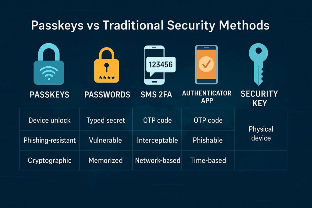 Comparison chart illustrating passkeys versus traditional security methods such as passwords, SMS 2FA, authenticator apps, and hardware security keys.